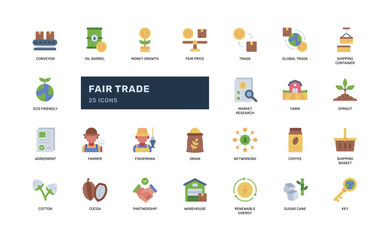 Fair trade icon set flat style with agriculture commerce and economy