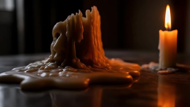 Melted wax sculpture with a human face and candle flame creating a dark, surreal atmosphere
