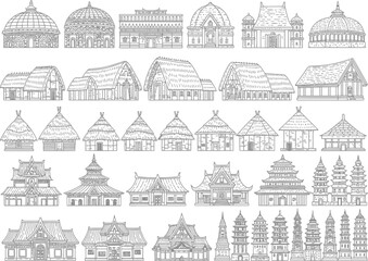 Collection of hand drawn architectural sketches of traditional asian buildings and pagodas in a black and white line art style