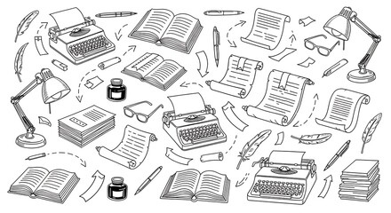 Vintage Writing Tools and Literature Elements Seamless Pattern Design for Creative Projects