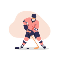 Obraz premium Hockey player preparing to shoot puck on sport-themed background 