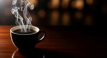 A steaming cup of coffee on a wooden table with copy space for your text