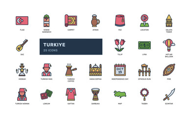 Türkiye icon set filled style with culture tradition and landmarks