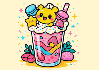 Naklejka premium 귀여운 캐릭터 밀크쉐이크 일러스트 Cute Character Milkshake Illustration