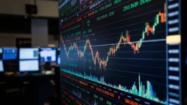 High-Intensity Trading Environment Featuring Real-Time Candlestick Chart, Volume Indicators, and Multi-Screen Financial Data Display
