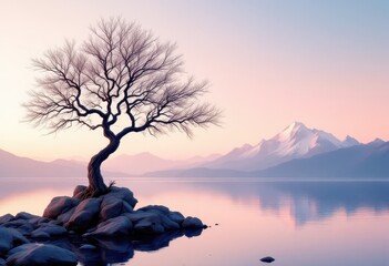 A solitary, leafless tree contorts gracefully atop a rocky outcrop in a serene lakeside scene at dawn. Misty mountains rise in the background, their snow-capped peaks reflecting