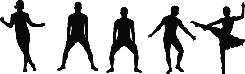 Silhouettes of dancers and performers in different poses, fitness, movement, sport, exercise, balance, choreography, ballet, body posture, training, performance
