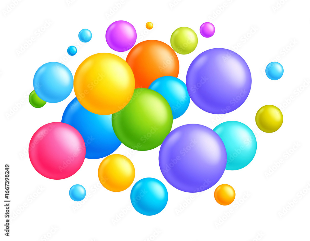 Poster a vibrant cluster of colorful spheres creates a playful and dynamic composition in a cheerful