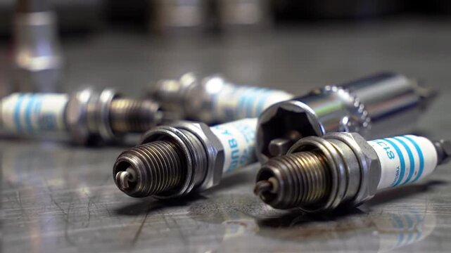 Close-up of several new and used spark plugs with a socket on a metallic workbench, ready for automotive maintenance.