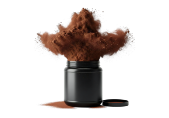 Chocolate protein powder explodes from container, promising energy and fitness gains for your active lifestyle, showcasing sports nutrition supplement