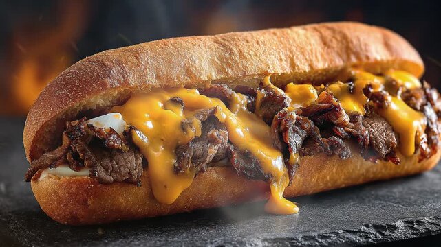 Cheesesteak american food on a dark background with smoke