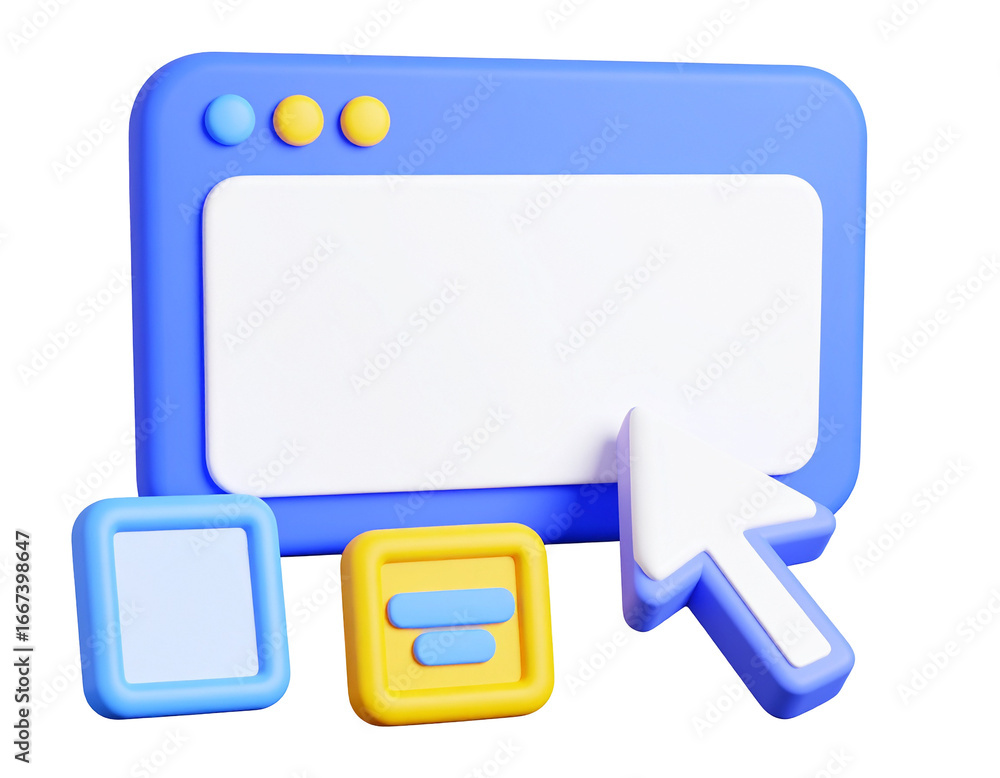 Fototapete 3d cursor points at a blank webpage; interface buttons visible below, useful for web design mockups