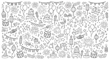Festive hand-drawn doodle pattern showcasing celebration elements for party invitation or holiday