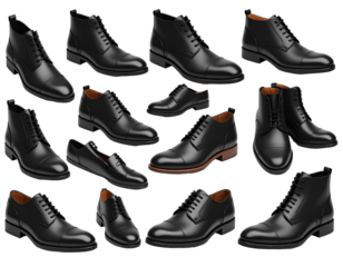 Black shoes selection. Fashionable footwear on a plain background. Product display for online retail