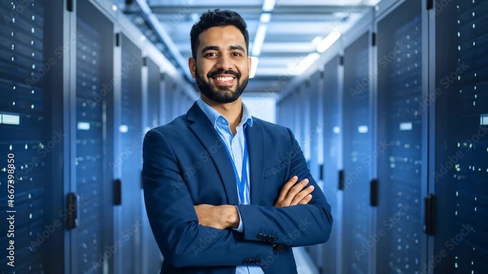 Poster confident it manager in data center with arms crossed, and smiling technology background.