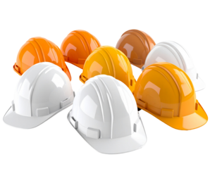 Hard hats on dark background. Represents construction team, safety compliance, & industrial workforce