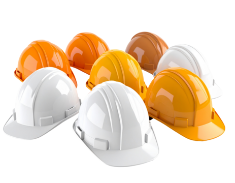 Hard hats on dark background. Represents construction team, safety compliance, & industrial workforce