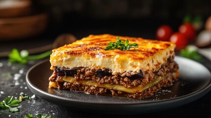 A golden-baked Greek moussaka with layers of eggplant, minced beef, on blurred background