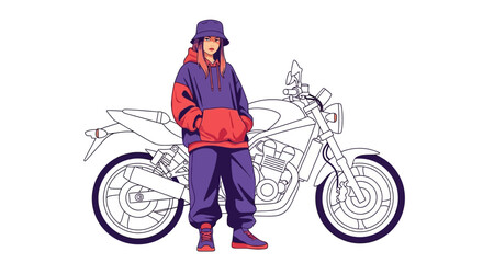 Stylish anime biker with motorcycle illustration in trendy streetwear fashion