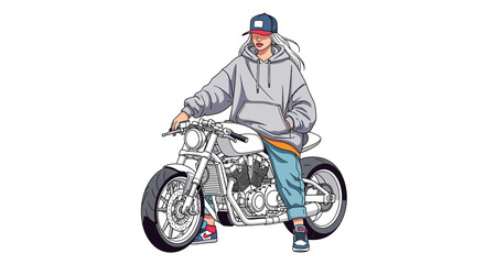Fototapeta premium Stylish cartoon woman posing on a motorcycle, urban lifestyle illustration
