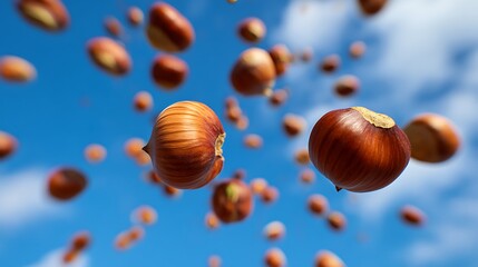 Obraz premium Creative Photo of Chestnuts Flying in the Air with a Blue Sky Background – Suitable for Use in Blog Posts, Social Media Posts, and Website Content Related to Autumn and Fruit Themes.