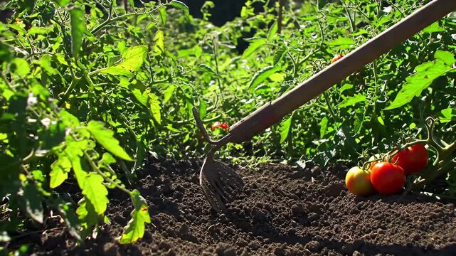 Garden hoe sits in dark soil among tomato plants; ripe tomatoes dot the scene