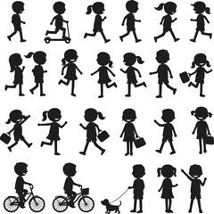 Children silhouette vector, kids walking, running, cycling, riding scooter, going school, playing, outdoor activity, girl with dog, childhood fun, happiness