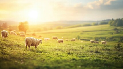 Obraz premium countryside scene symbolizing tranquility, nature, and farm life, with domestic animals grazing peacefully, set against a soft blurred background