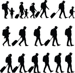 Traveler silhouette vector, family with luggage, walking people, backpack travelers, airport journey, tourist trip, vacation travel, passenger illustration, tourism concept