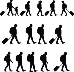 Traveler silhouette vector, walking passengers with luggage, airport tourist, business traveler, vacation trip, journey people, tourism concept, travel illustration, backpack