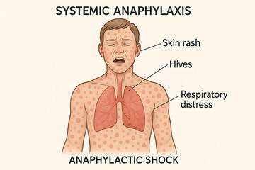 Medical illustration showing the symptoms of systemic anaphylaxis and anaphylactic shock, including skin rash, hives, and respiratory distress.