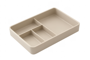 Empty beige plastic organizer tray with three compartments on transparent background