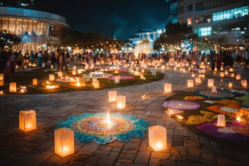 Nighttime Celebration with Colorful Lights and Decorative Lanterns in a Public Space Surrounded by People Enjoying the Festive Atmosphere and Vibrant Decorations
