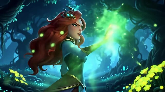 Cartoon sorceress casting green magic in a whimsical forest; stylized animation