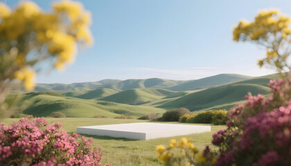 
White Podium on Rolling Green Hills with Flowers