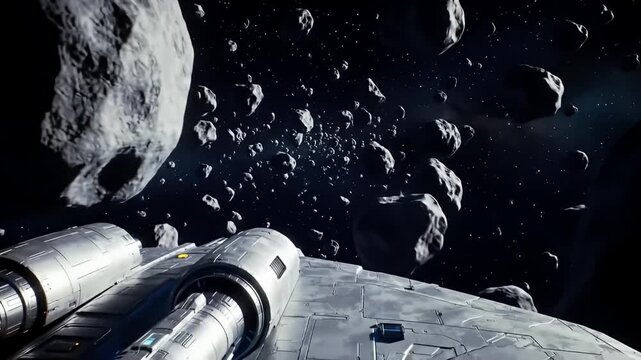 Spaceship navigates a dense asteroid field, starry sky in the background