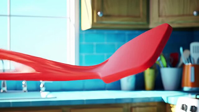 Red spatula dominates a cheery kitchen with blue tile and wooden cabinets