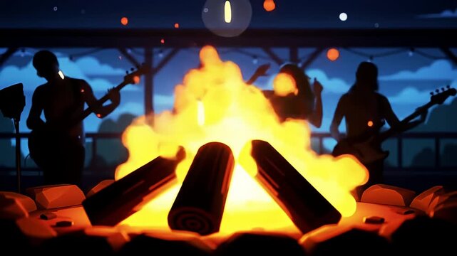 Campfire jam session, silhouettes of musicians play guitar against a night sky backdrop