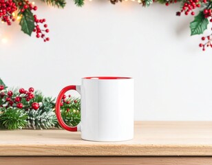 Plain white mug with red handle mock up, Christmas Hot chocolate background 
