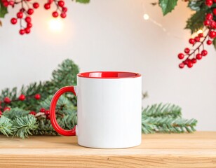 Plain white mug with red handle mock up, Christmas Hot chocolate background 
