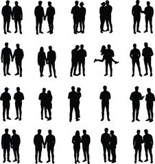 Silhouette couples, friends, people together, holding hands, hugging, standing, casual poses, love, relationship, companionship, social connection, vector illustration