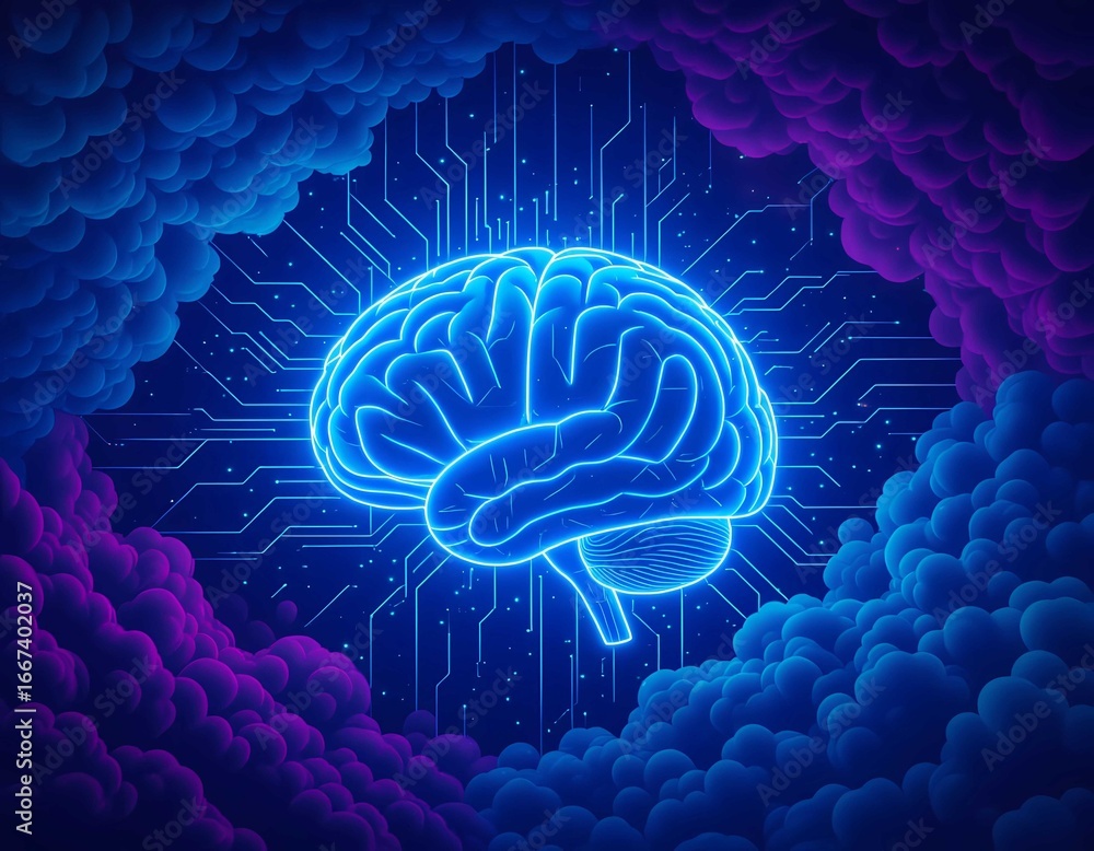 Poster artificial intelligence ai brain with neural network technology showing digital future futuristic in