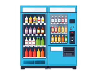 Colorful vending machine with various bottled drinks. Drinks are displayed. Ready for use, with selections & payment