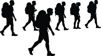 Hiking silhouettes, backpackers walking, outdoor adventure, camping journey, trekking people, travel lifestyle, mountain exploration, wilderness hiking, outdoor activity, nature travelers