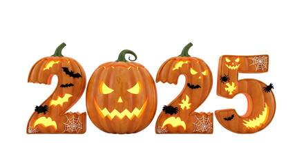 Eerie Halloween 2025 numbers crafted from glowing pumpkins, adorned with spooky bats and spiders, perfect for festive holiday celebration designs