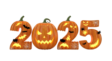 Eerie Halloween 2025 numbers crafted from glowing pumpkins, adorned with spooky bats and spiders, perfect for festive holiday celebration designs