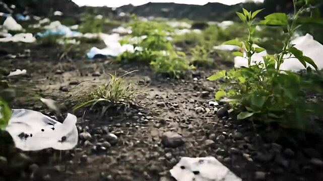 Waste pollutes a landscape with plastic bags, rocks, weeds, and dirt clods
