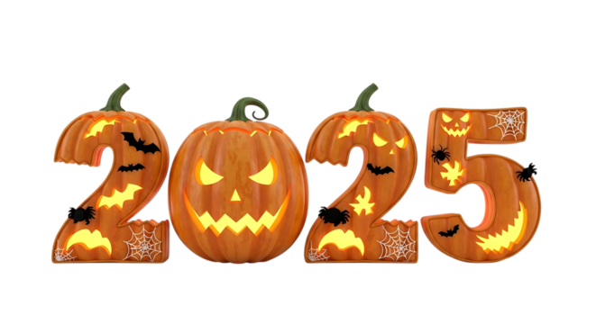 Eerie Halloween 2025 numbers crafted from glowing pumpkins, adorned with spooky bats and spiders, perfect for festive holiday celebration designs