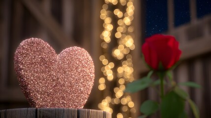 Romantic Red Heart with Rose and Glitter Lights Valentine’s Day Love Background in Cinematic Style