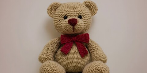 Adorable Knitted Teddy Bear with Red Bow Toy Photography